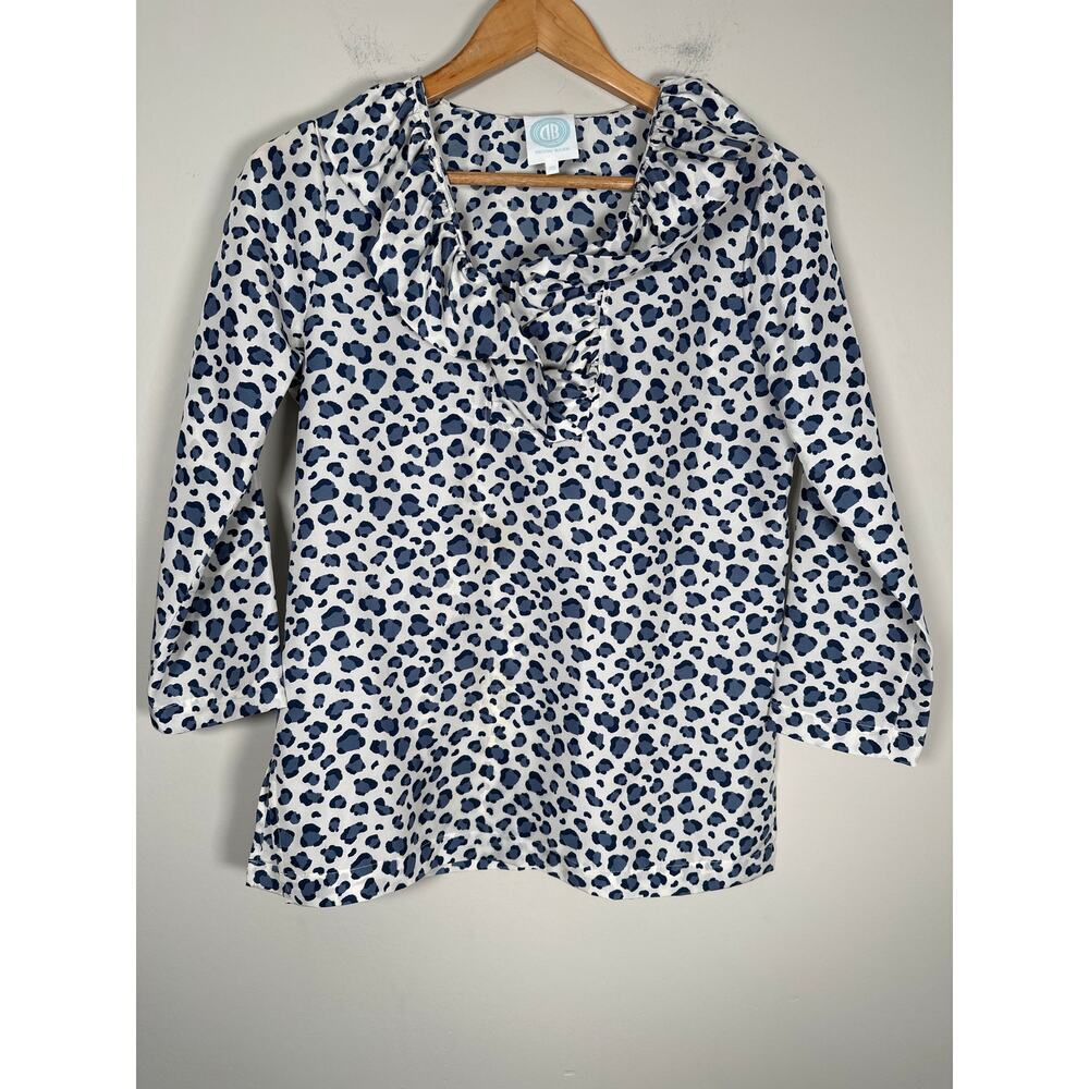 Devon‎ Baer Womens 100% Silk Leopard Print V Neck Ruffle Blouse 3/4 Sleeve XS
